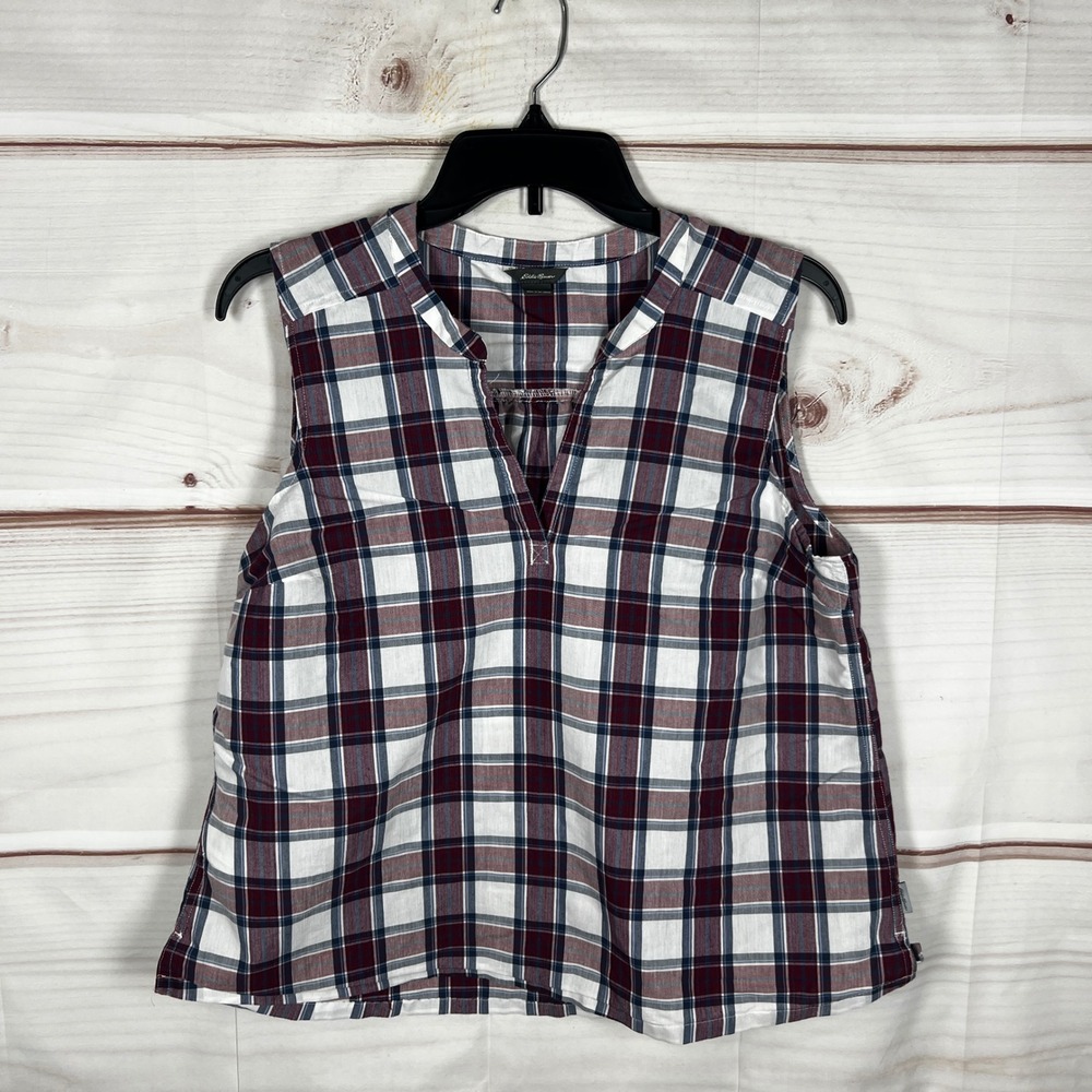 Eddie Bauer Sleeveless Top Womens Medium Multicolor Plaid V-Neck Cotton Blend